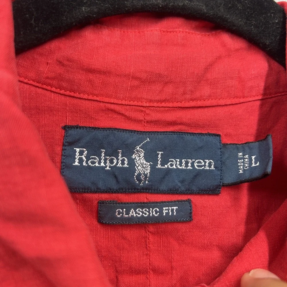 Polo Ralph Lauren Shirt Mens Large Linen Silk Short Sleeve Button Up Casual Red